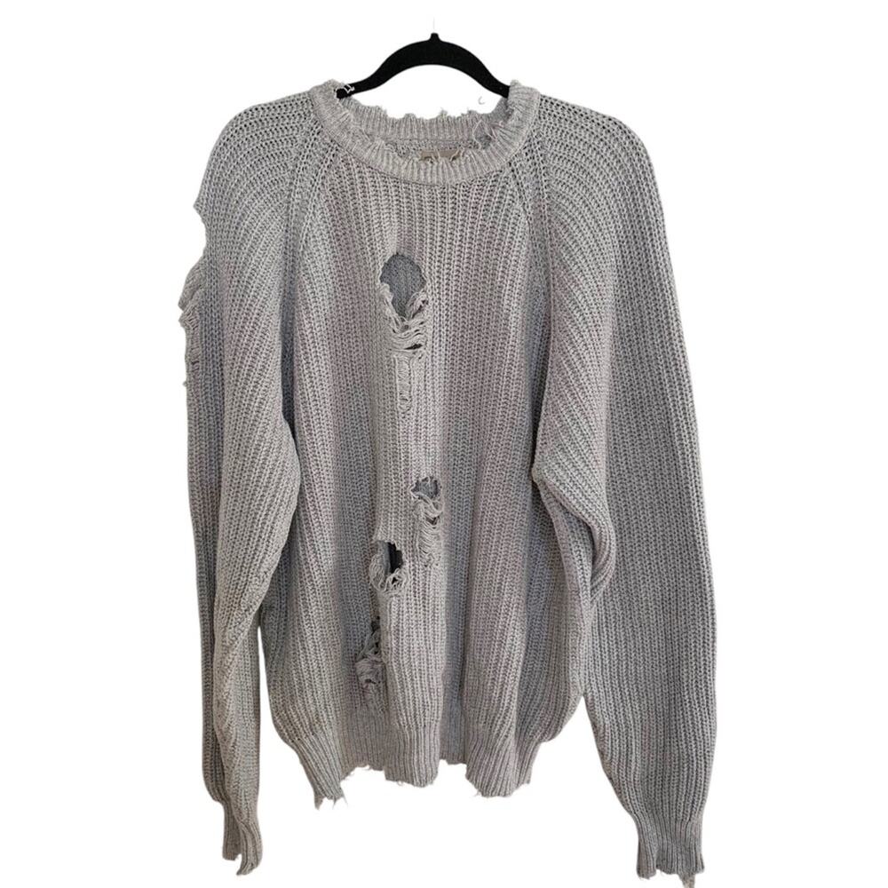 Furst Of A Kind Grey Distressed Destroyed Chunky Knit Sweater Large